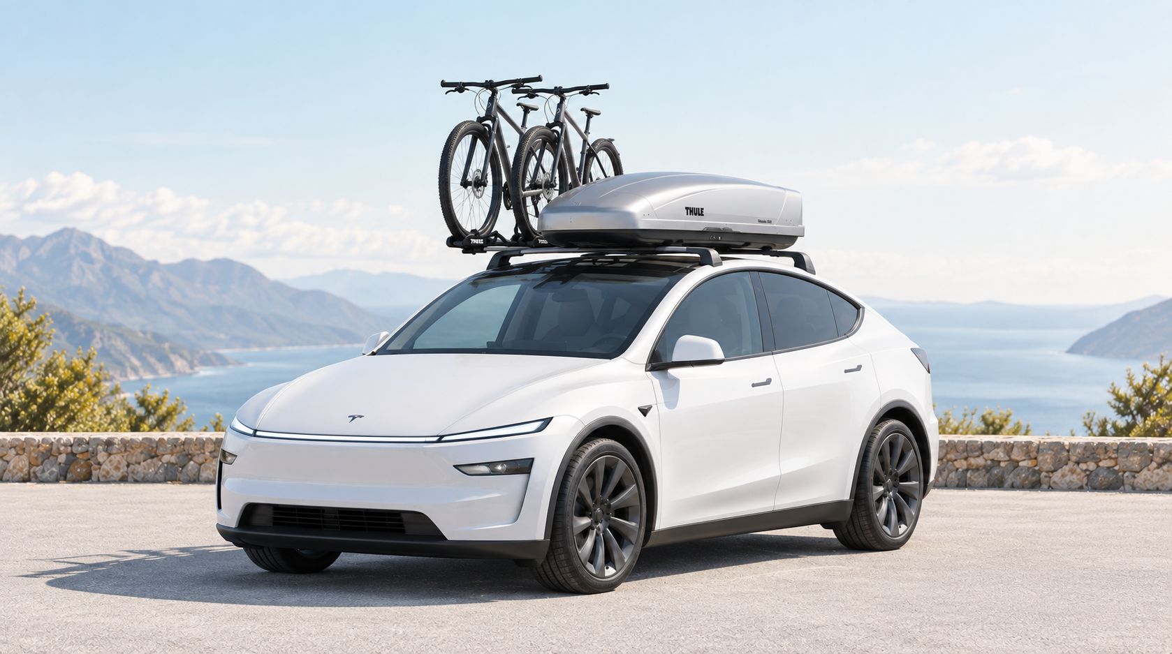 Baltas Tesla Model Y su skersiniais ir sidabrine Thule stogo bagažine